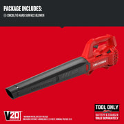 Photo of Craftsman V20 hard surface blower CMCBL710B, black and red, side angle, battery sold separately.