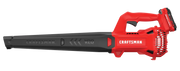 Photo of CRAFTSMAN V20 cordless leaf blower, red and black, side view, SKU CMCBL710D1.