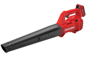 Photo of Craftsman V20 cordless leaf blower, model CMCBL710D1, red and black, side angle on white background.