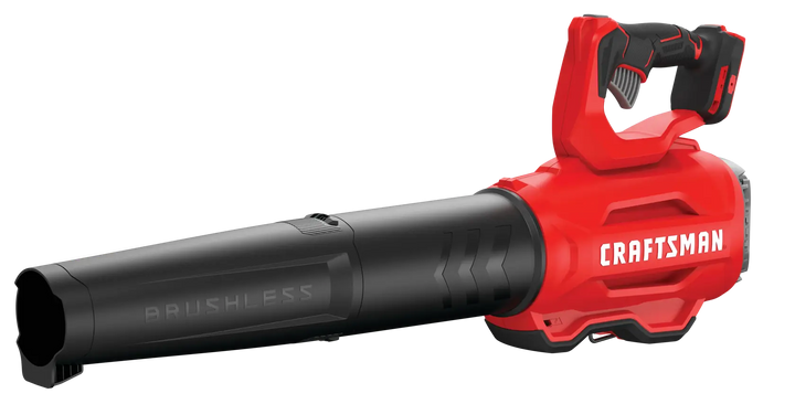 Photo of Craftsman cordless leaf blower CMCBL720B, red and black, side angle on white background.
