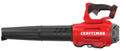 Photo of CRAFTSMAN CMCBL720B cordless leaf blower, red and black, side angle, with ergonomic handle and brand logo.