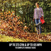 Photo of CRAFTSMAN leaf blower CMCBL720B blowing leaves outdoors, person holding red and black tool.