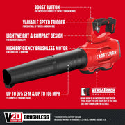 Photo of Craftsman V20 Lithium Ion brushless cordless blower CMCBL720M1, side angle, showing boost button, variable speed trigger, and features.