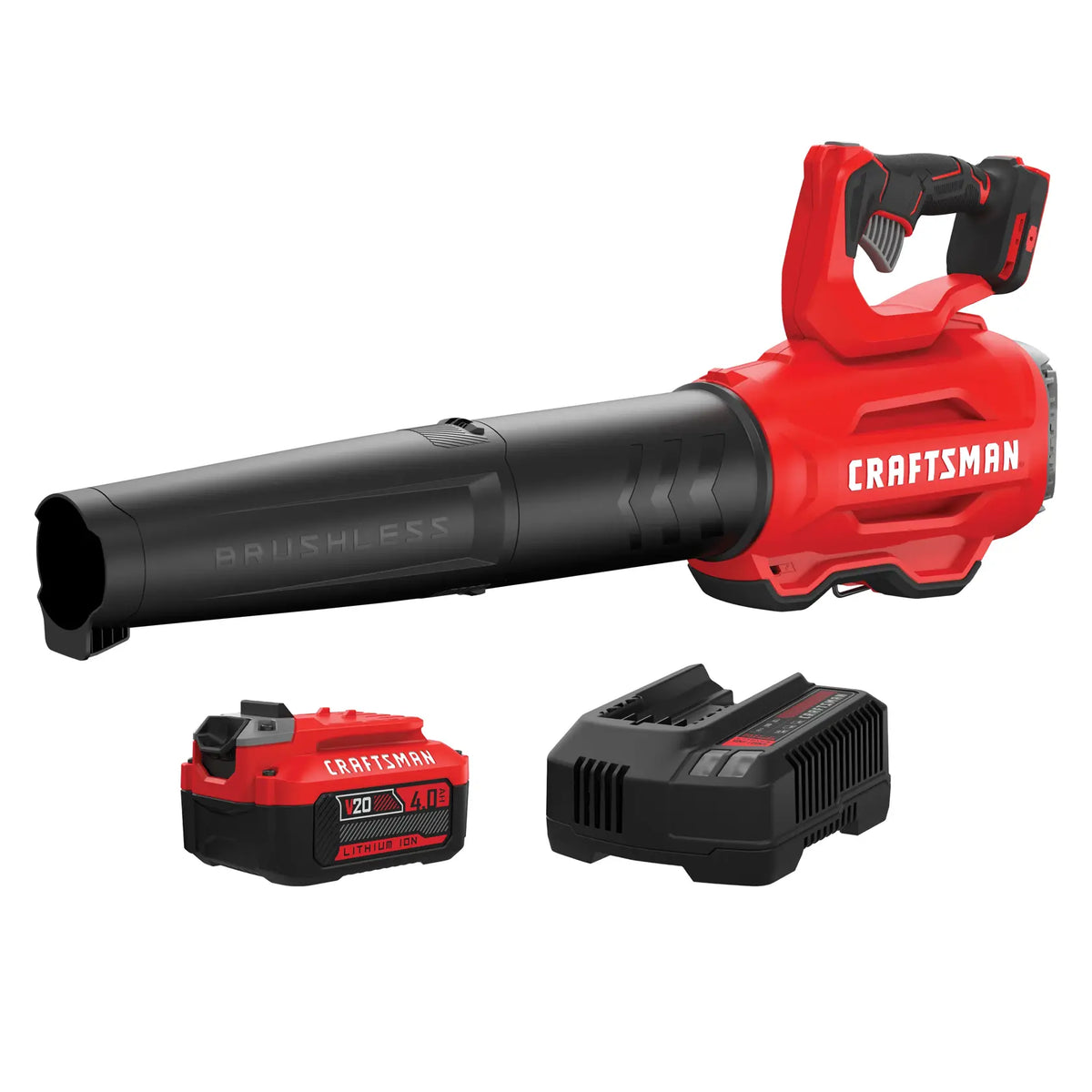 Photo of Craftsman leaf blower CMCBL720M1 with 20V battery and charger, angled view on white background.