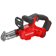 Photo of Craftsman CMCCS320B handheld cordless mini chainsaw, red and black, side angle on white background.