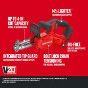 Photo of CRAFTSMAN CMCCS320B cordless mini chainsaw with black and red body, 6-inch bar, bolt lock chain tensioning, and integrated tip guard.