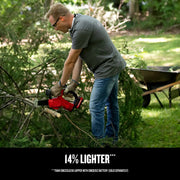 Photo of a person using a Craftsman CMCCS320D1 cordless chainsaw to cut tree branches outdoors, wheelbarrow in background.
