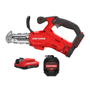 Photo of Craftsman CMCCS320D1 cordless mini chainsaw kit with battery and charger, side angle, red and black.