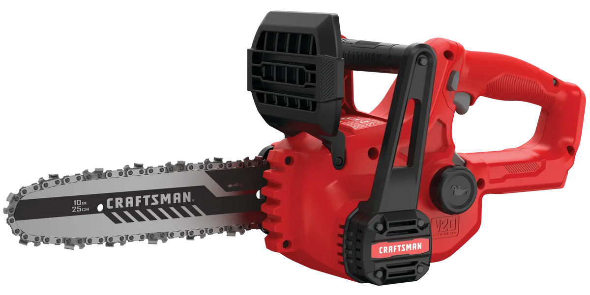 Photo of Craftsman chainsaw CMCCS610B, red and black, side angle, 10 inch bar, cordless design.