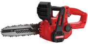 Photo of Craftsman chainsaw CMCCS610B, red and black, side angle, 10 inch bar, cordless design.