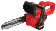 Photo of Craftsman CMCCS610B cordless chainsaw, 10-inch blade, red and black, side angle, white background.