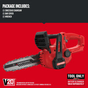 Photo of Craftsman CMCCS610B V20 cordless chainsaw with red body and black details, side angle view.