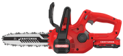 Photo of Craftsman CMCCS610D1 cordless chainsaw, red and black, side angle, V20 battery visible.