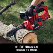 Photo of Craftsman chainsaw CMCCS610D1 cutting log, 10-inch bar and chain visible, outdoor setting.