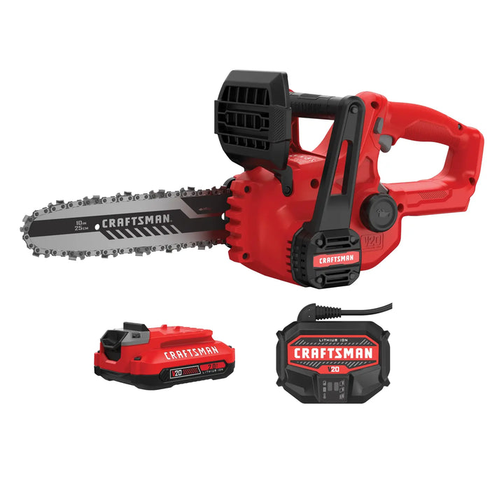 Photo of Craftsman chainsaw CMCCS610D1 with 10-inch blade, battery, and charger, shown from the right side.
