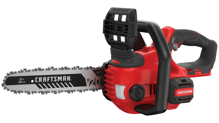 Photo of Craftsman CMCCS620B cordless chainsaw, red and black, side angle on white background.