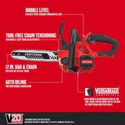 Photo of CRAFTSMAN CMCCS620B cordless chainsaw, 12 in. bar, red and black, side angle, V20 Lithium Ion.