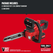 Photo of Craftsman compact cordless chainsaw CMCCS620B, V20, 12-inch bar, shown at an angle on a white background.
