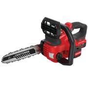 Photo of Craftsman CMCCS620M1 cordless chainsaw, side angle, red and black body with 12-inch bar.
