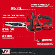 Front angle photo of Craftsman CMCCS620M1 cordless chainsaw, red and black, with V20 battery and labeled features.