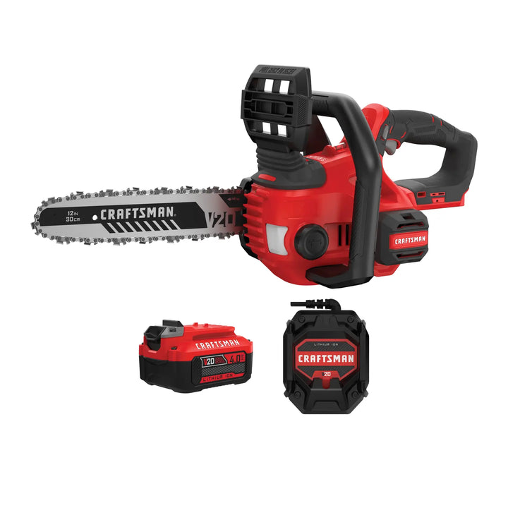 Craftsman CMCCS620M1 red cordless chainsaw kit with 12-inch blade, battery, and charger on white background, side view.