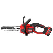 A red and black cordless electric chainsaw with a 12-inch blade, featuring a brushless motor and ergonomic handles. The battery is attached at the rear, and the product is branded Craftsman.