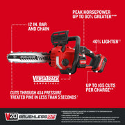 Photo of Craftsman V20 brushless chainsaw with 12 in. bar and chain, SKU CMCCS630P1, on white background.