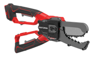 Photo of Craftsman CMCCSL621B cordless chainsaw with black and red handle, side angle, white background.