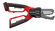 Photo of Craftsman cordless pruning chainsaw CMCCSL621B in red and black, side angle on white background.