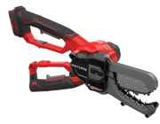 Photo of Craftsman cordless chainsaw CMCCSL621B, side angle, red and black body with protective jaw.