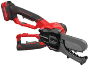 Photo of Craftsman cordless chainsaw lopper, model CMCCSL621D1, black and red, side angle on white background.
