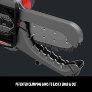 Photo of CRAFTSMAN CMCCSL621D1 chainsaw close-up showing patented clamping jaws for grabbing and cutting, side angle.