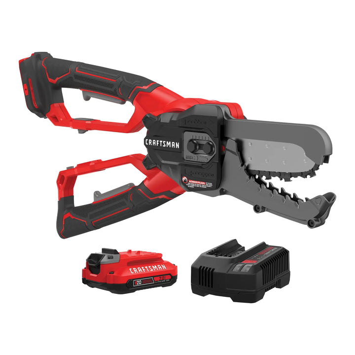 Photo of Craftsman CMCCSL621D1 cordless chainsaw with battery and charger, side view on white background.