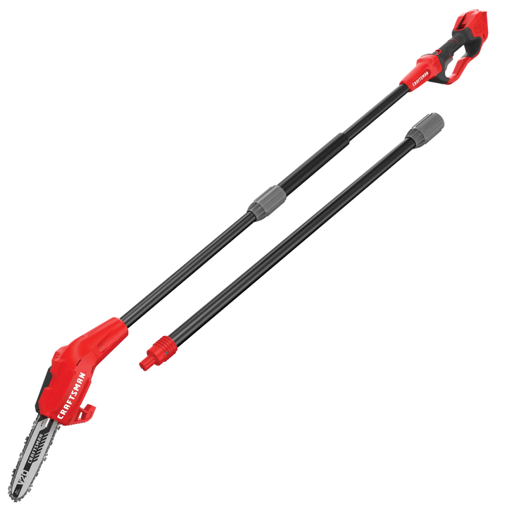 Photo of Craftsman cordless pole saw CMCCSP20B, red and black, side angle on white background.