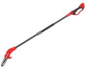 Photo of Craftsman CMCCSP20B cordless pole saw, red and black, side angle, long telescoping handle visible.