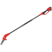 Photo of CRAFTSMAN cordless pole saw, red and black, model CMCCSP20M1, side angle on white background.