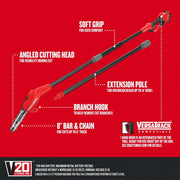 Photo of CRAFTSMAN V20 pole saw CMCCSP20M1, showing angled cutting head, soft grip, extension pole, branch hook, and 8-inch bar and chain on red graphic background.