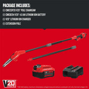 Photo of Craftsman V20 pole chainsaw set, SKU CMCCSP20M1, showing chainsaw, extension pole, battery, and charger.