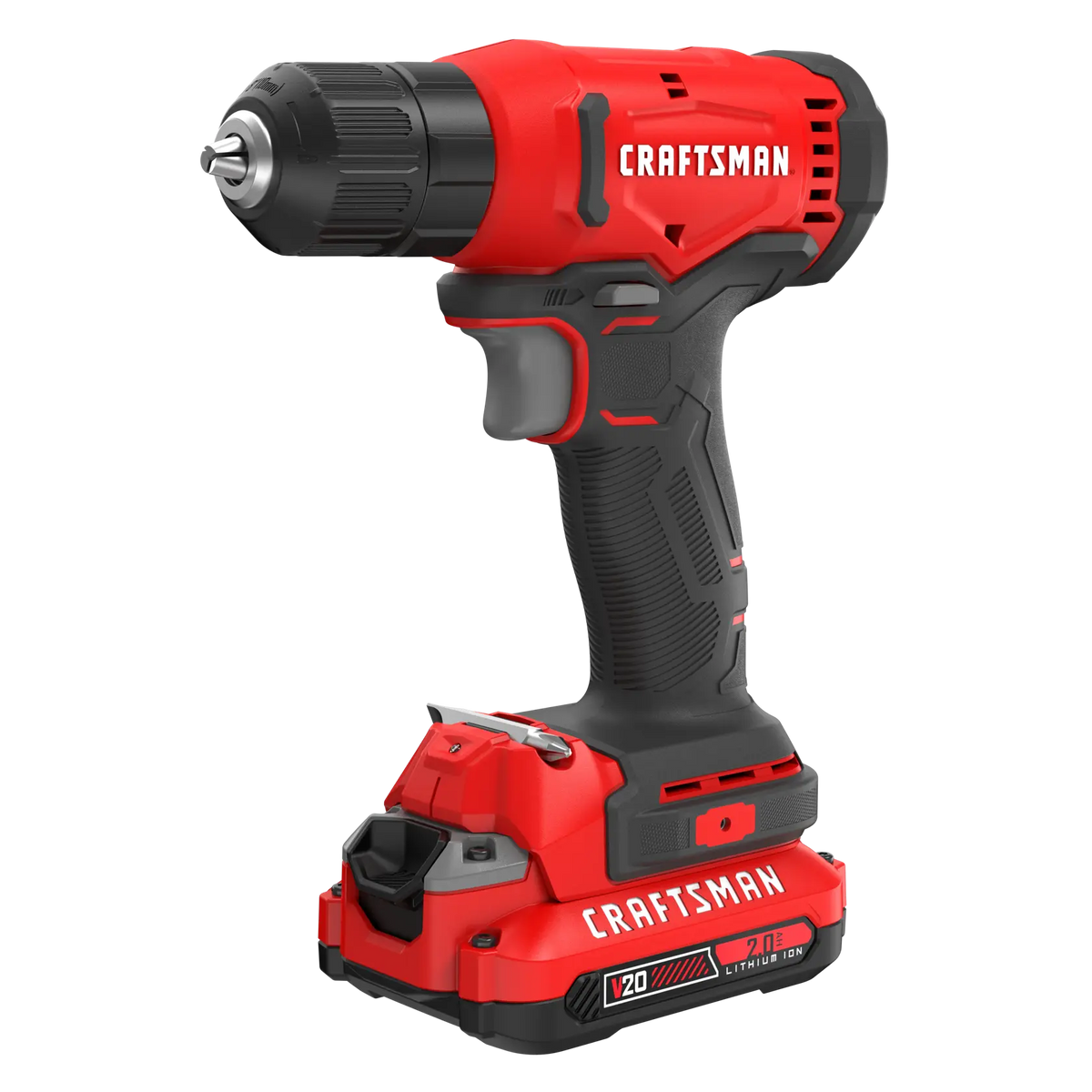 Red and black cordless drill with CRAFTSMAN branding and lithium-ion battery attached at the base.