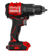 Photo of Craftsman cordless hammer drill, model CMCD716B, black and red, side view on white background.