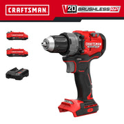 Photo of Craftsman cordless drill kit CMCD725D2 with V20 batteries and charger, front angle on white background.