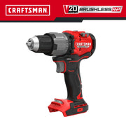 Photo of Craftsman brushless cordless drill, red and black, front angle, graphics, CMCD726B.