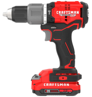 Photo of CRAFTSMAN cordless drill, model CMCD732D2, brushless V20, side angle, red and black body.