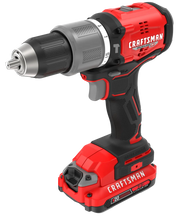 Photo of Craftsman cordless drill CMCD732D2, red and black, brushless, V20 lithium-ion, angled left on white.