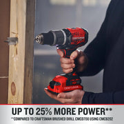 Photo of Craftsman cordless drill CMCD732D2 in use, red and black design, drilling into wood.