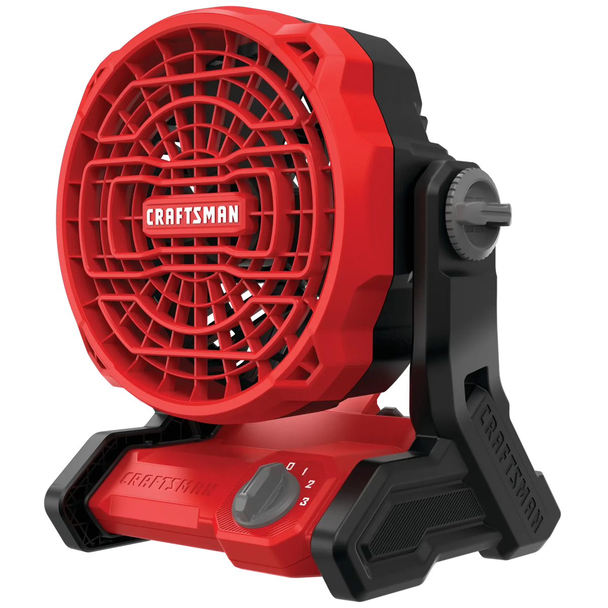 Photo of Craftsman portable fan CMCE001B, red and black, with adjustable base and three speed control, front angle.