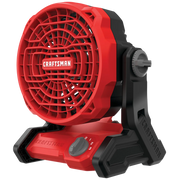 Photo of Craftsman portable fan CMCE001B, red and black, with adjustable base and three speed control, front angle.