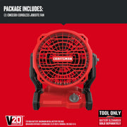 Photo of Craftsman cordless jobsite fan CMCE001B, front angle, red and black body, V20 lithium ion tool only.