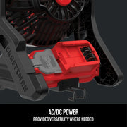 Photo of Craftsman fan with close-up of red and gray battery dock, SKU CMCE001B, side angle.
