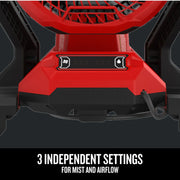 Front angle photo of Craftsman red misting fan graphics with control panel, SKU CMCE003B.